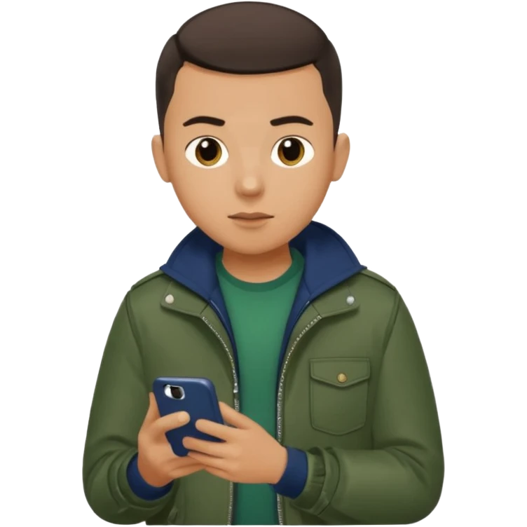 a tan boy with buzzcut and drak hair dark green jacket and navy blue bag looking at his phone emoji