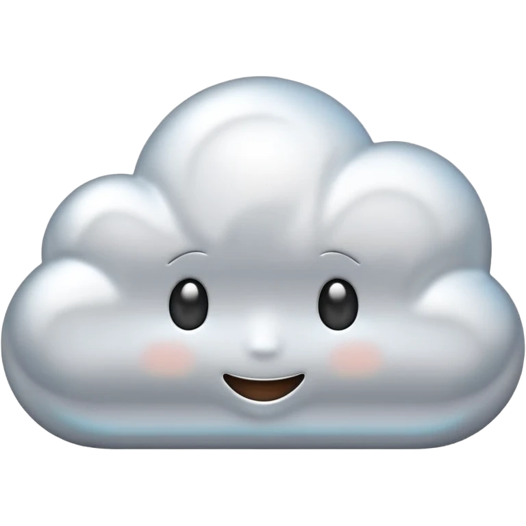 A cute cloud emoji made of silver chrome, smooth rounded shape, glossy metallic surface, soft reflections, minimal and friendly design, iOS emoji style, centered, clean white background, soft lighting emoji