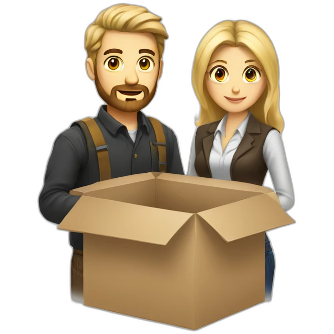 Blond bearded developer and dark hair brunette in box emoji