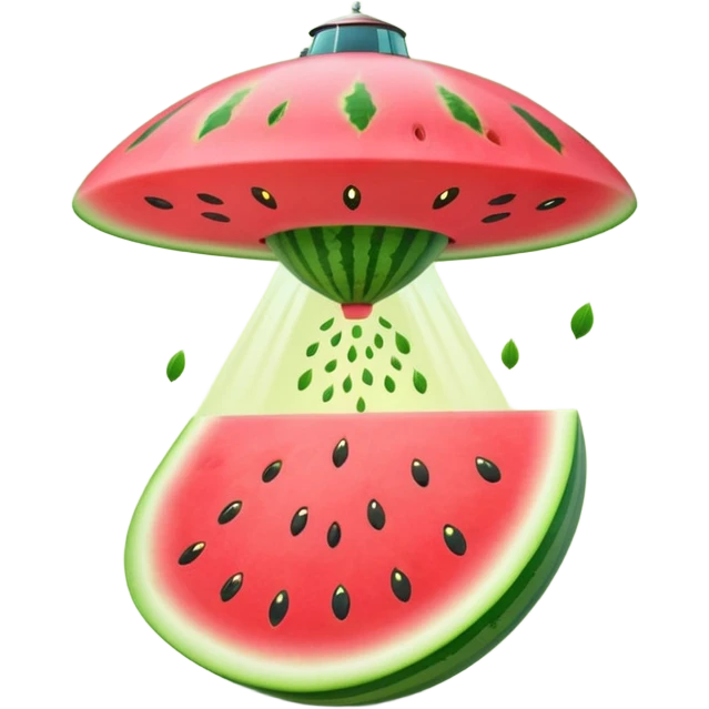 A UFO shaped like a slice of watermelon abducting seeds with a tiny tractor beam. Bright fun colors, cartoon style, minimal shadows, transparent background. emoji