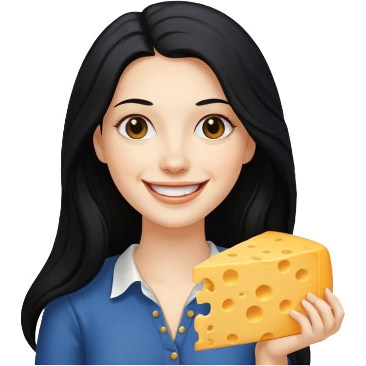 white woman with long black hair, smiling with cheese emoji