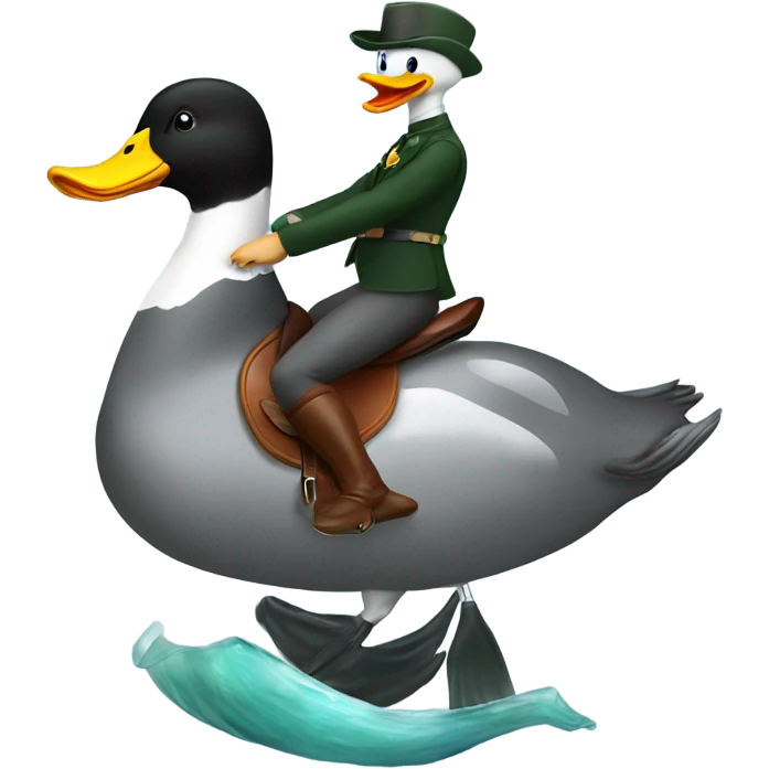 Duck riding on top of dolphin on saddle emoji