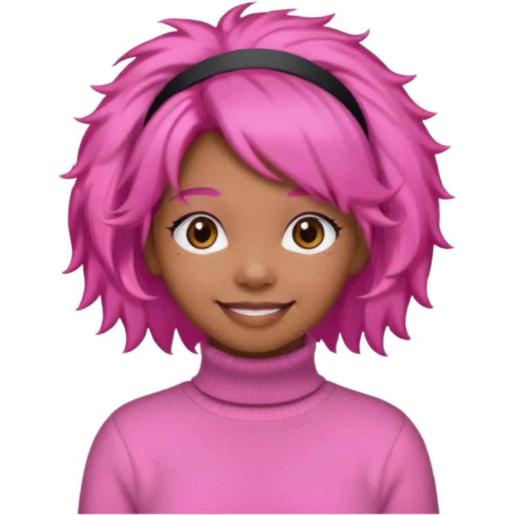 black fluffy haired girl with pink turtleneck sweater and pink hair band emoji
