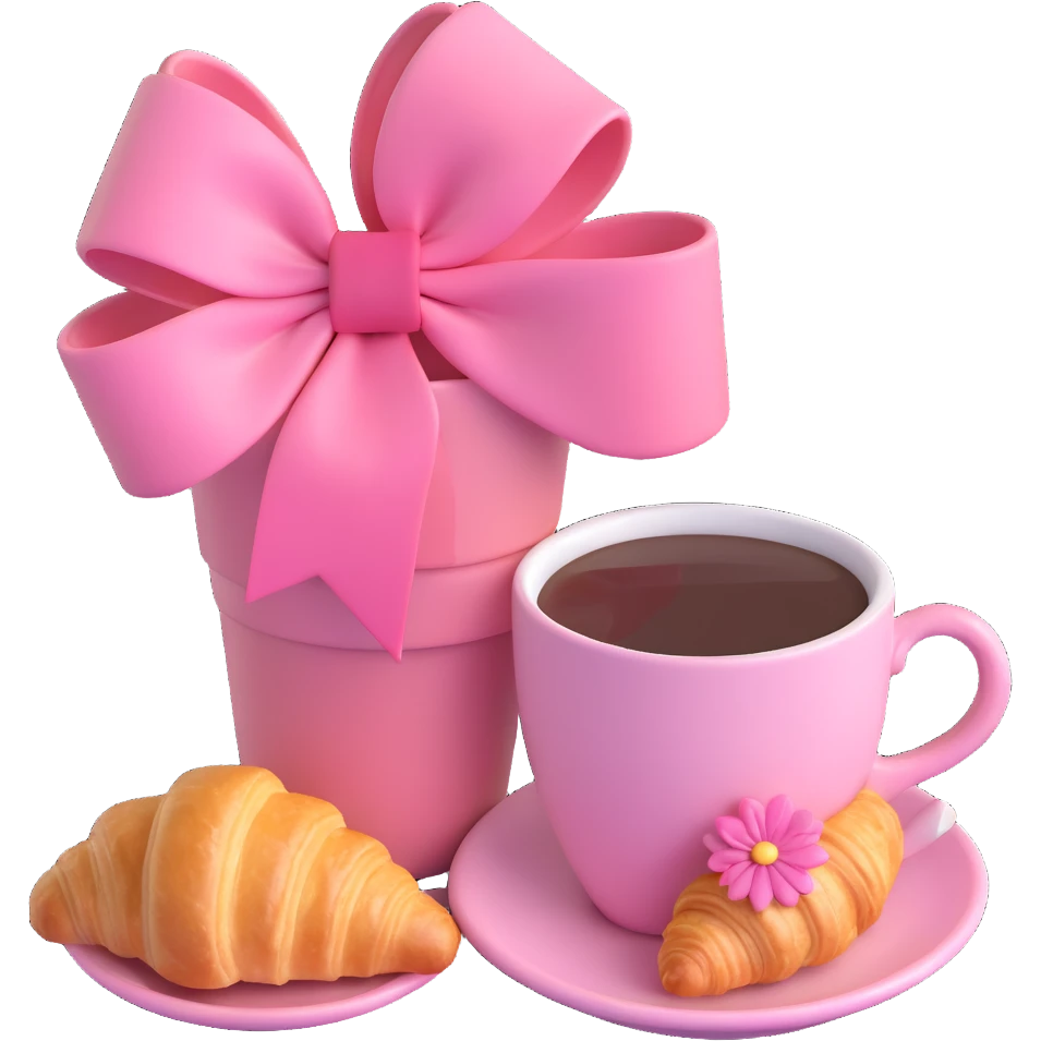 A pink cup of coffee with a flower on top and a pink bow, next to a croissant, in a warm, cozy setting. emoji