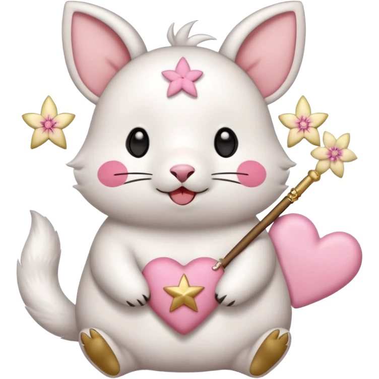 GENERATE ME A MOMONGA WHITE ANIMAL  FROM CHIIKAWA AND PUT A SAKURA FLOWER ON HIS HEAD AND A STAR PELT ON HIS BELLY AND A HEART PURSE ON HIS ARM WITH HIS FACE MAKE HIS TOUNGE STICK OUT WITH A LITTLEPINCH OFDROOL AND MAKE HIM ANIME emoji