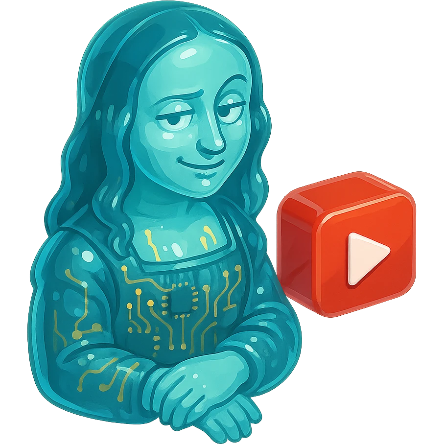 Mona Lisa with a sarcastic expression, holding or next to a red YouTube play button, glossy circuit style emoji