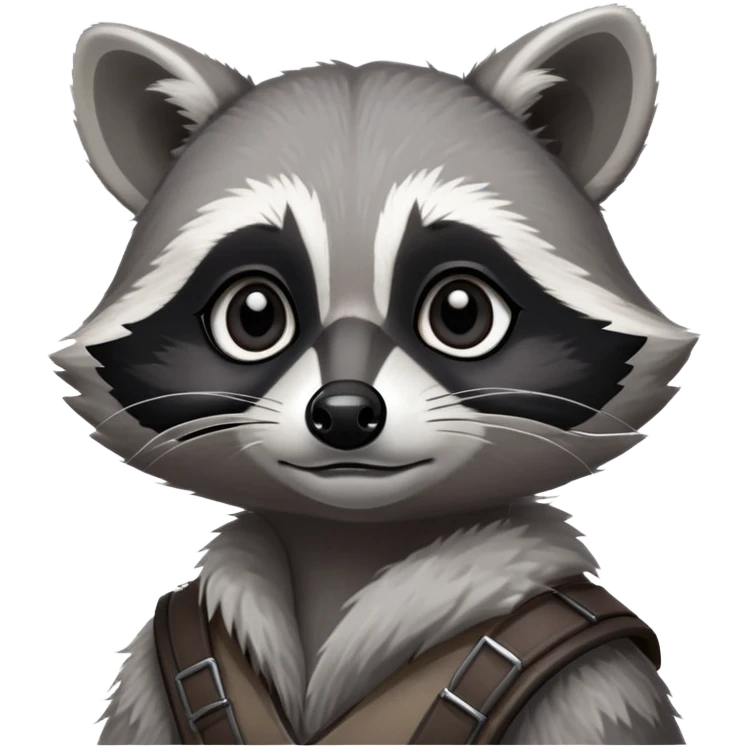 Cinematic-Noble-Raccoon-Portrait-Emoji – Poised and confident, with a sturdy build and a beautifully textured fur of silver-grey accented by dark black facial markings, deep-set, large big black eyes revealing no white, simplified yet sharp and sophisticated zoom out to show shoulders emoji