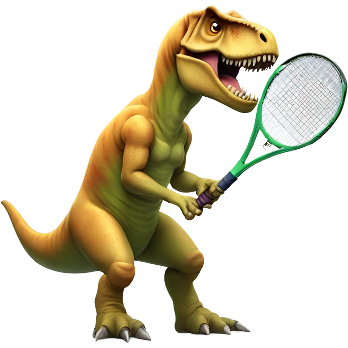 T. rex playing tennis with a missing arm  with angry face emoji