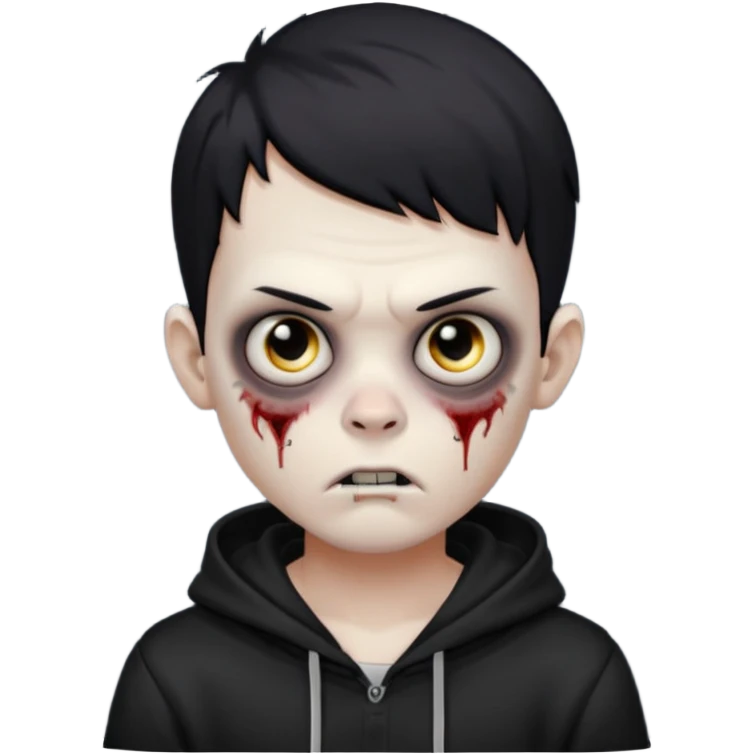 Zombie boy with the short black hair, pale-white skin, black eyes, little fangs and dark circles under his eyes. He has serious face and he wear a black hoodie emoji