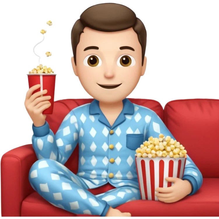 male memoji, lazy man in pajamas, lying on couch, holding TV remote, relaxed face, casual home vibe, popcorn bucket emoji