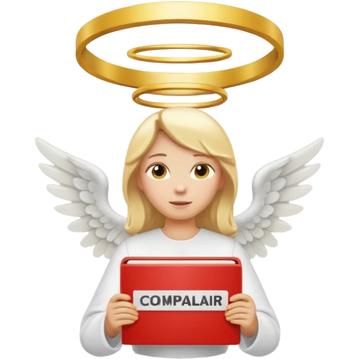 "An angel emoji with blonde hair, a halo, wings, holding a 'COMPARTILHAR' sign in bold letters." emoji