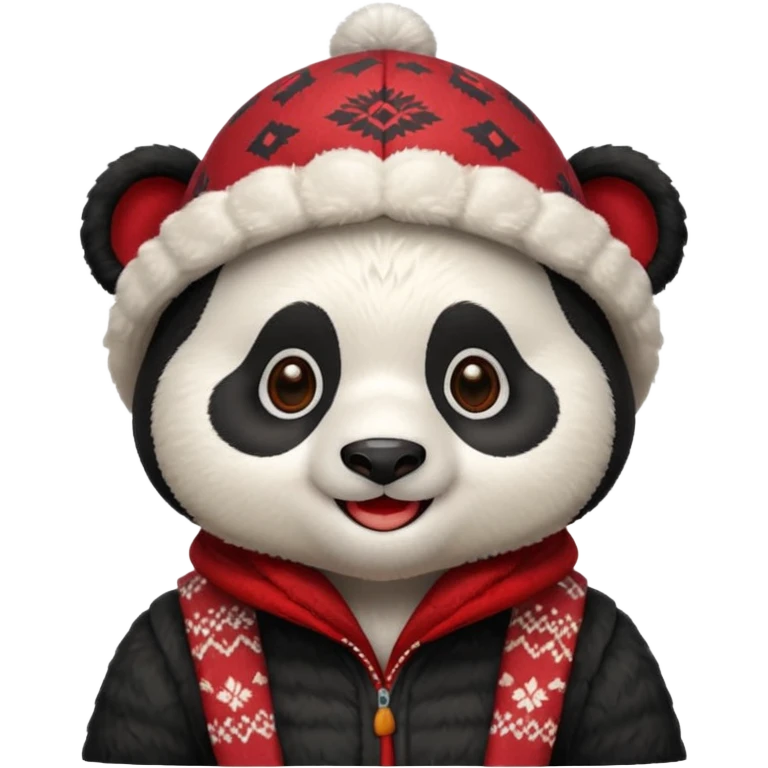 Photorealistic close-up of a cute, smiling panda wearing a red patterned winter trapper hat. Happy expression, cheerful vibe. Simple studio background. Detailed textures, sharp focus emoji