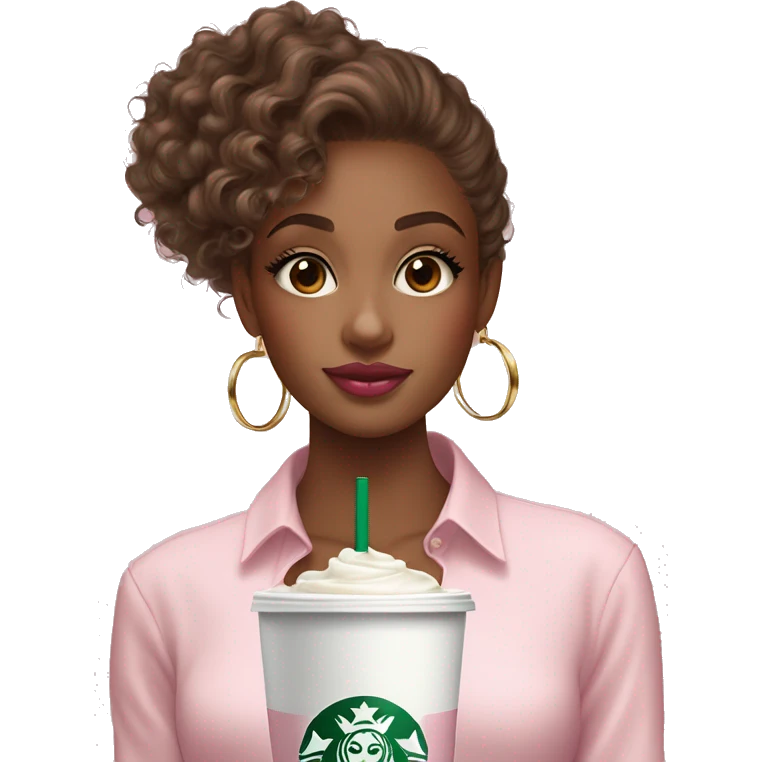 A tan girl with curly hair brown eyes long lashes pink glossy lips in a a white square line shirt a  small gold hoop earrings holding a Starbucks pink drink emoji