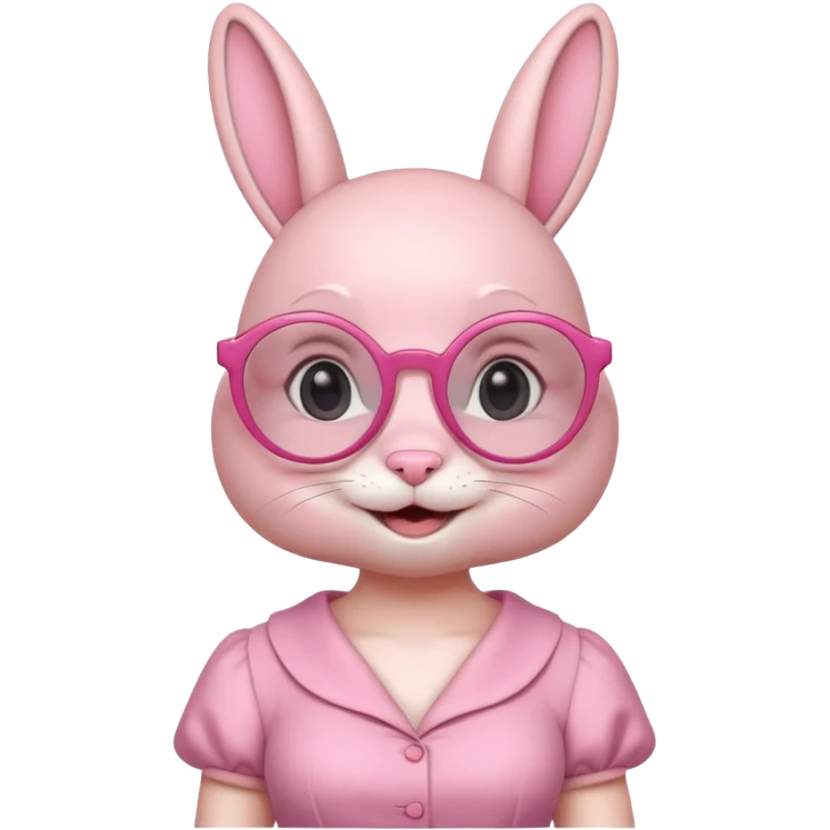 Pink bunny with big circular glasses, smiling, half body with dress emoji