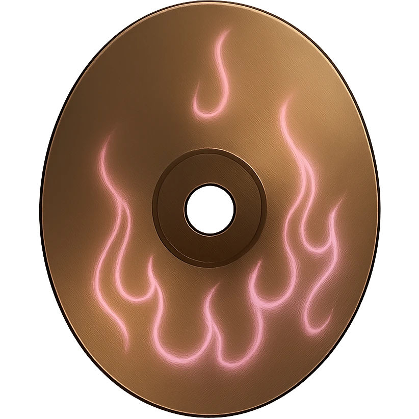 A minimalist CD disc with subtle pink flames, glowing effect, variation 2, style: general, shape: oval, color: bronze emoji