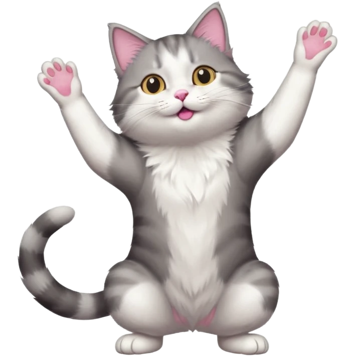 grey and white cat doing a big long stretch reaching up into the air emoji