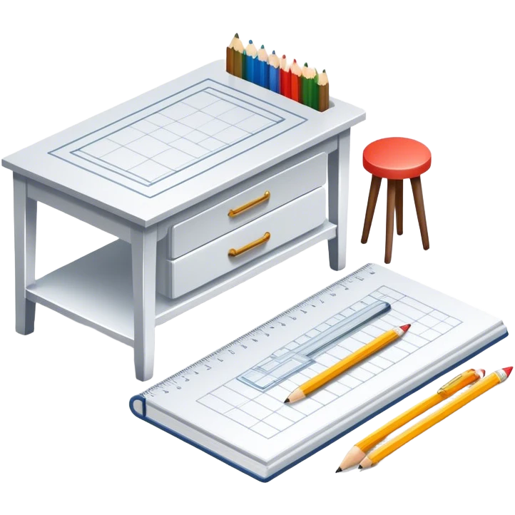 Icon for Furniture Design: a furniture drawing with 3D models of furniture pieces placed on top, accompanied by rulers and a pencil. The icon should represent the design process with focus on precision and modeling. Transparent background. emoji