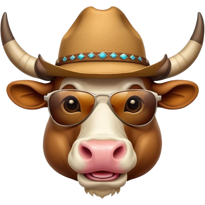 friendly anthropomorphised bull head with horns, wearing sunglasses and a cowboy hat emoji