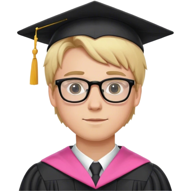 A blonde-haired young white man, wearing glasses, in the middle of his graduation with a black and pink theme emoji