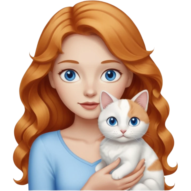 Long wavy strawberry blonde blue eyes woman with a white cat with blue eyes emoji