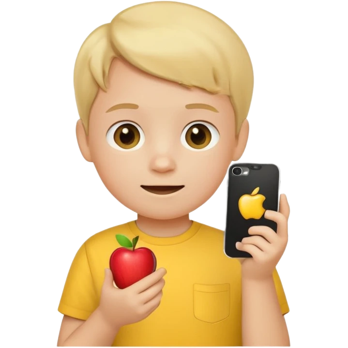 A little kid holding a phone, apple style emoji, wearing a yellow shirt. emoji