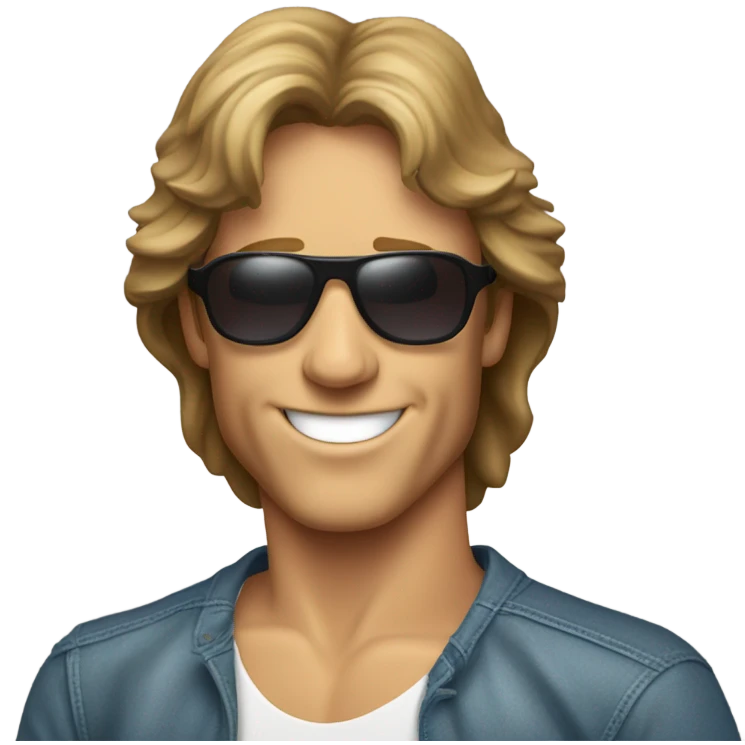 Andy Gibb with short hair and wrap around sunglasses emoji