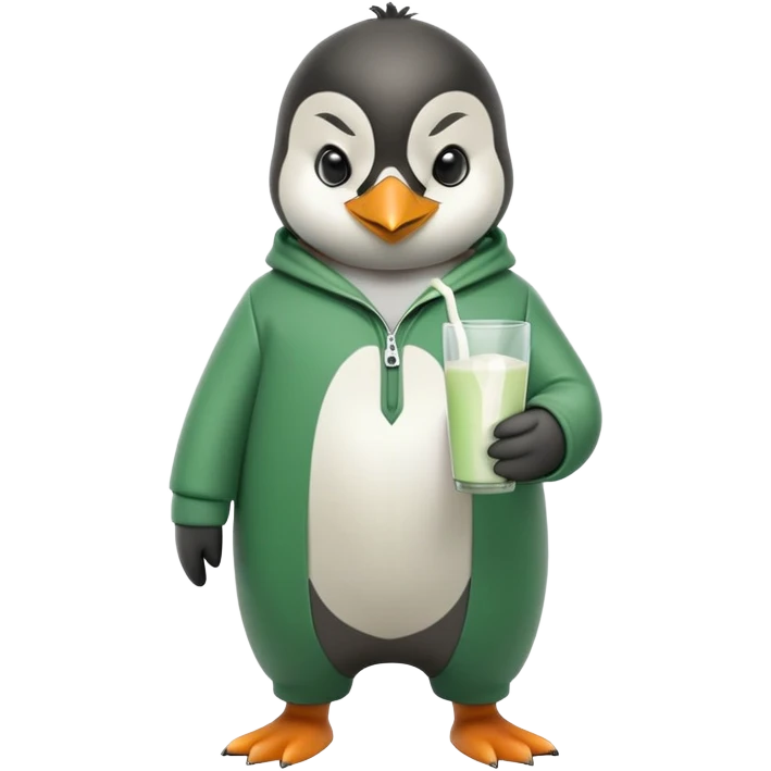 full body portrait of a friendly anthropomorphised penguin wearing a green mafia-style tracksuit, angry, confident scheming stance, holding a glass of milk emoji