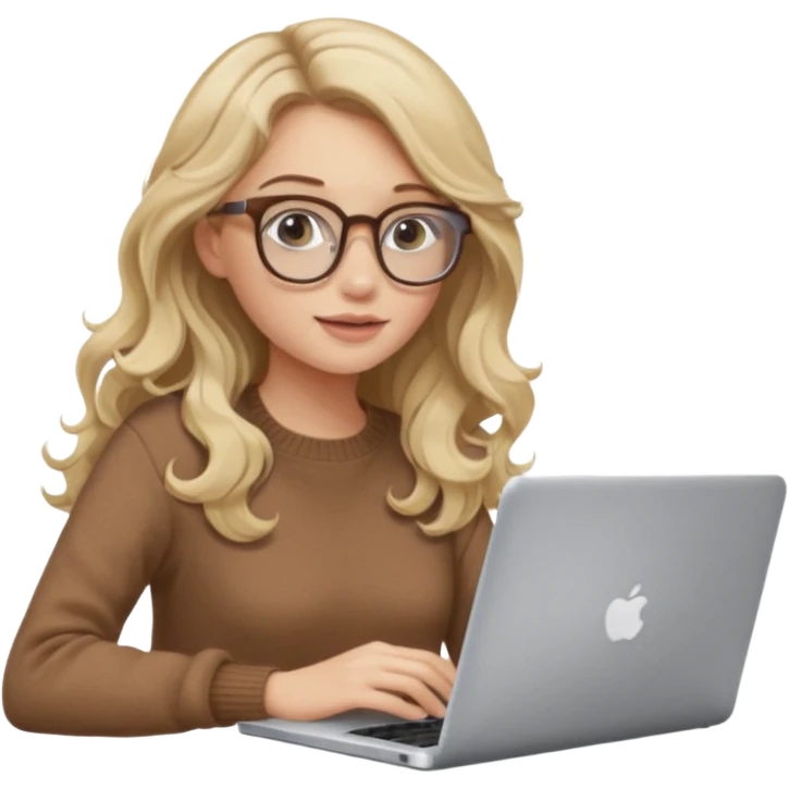 blonde girl with long dark blonde wavy hair, pantos-style glasses, a brown sweater, sitting with a laptop, soft pastel, upper body shot emoji