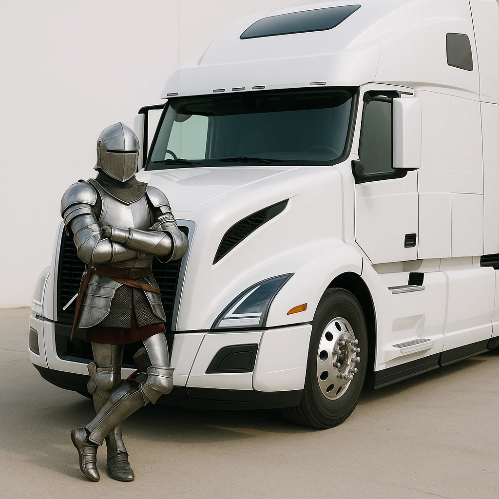 a knight leaning against a white 2022 Volvo semi sleeper truck, confident pose, modern, clean background emoji