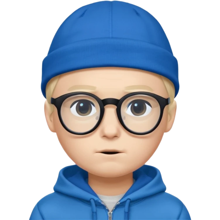 a shy boy wearing thick black glasses (nerd) and hide all his hair under a blue cap, wearing a normal hoodie (ios memoji) emoji