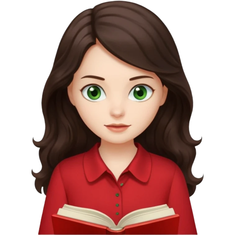 Long wavy dark brown haired, white skinned, dark green eyed girl in red blouse reading a book emoji