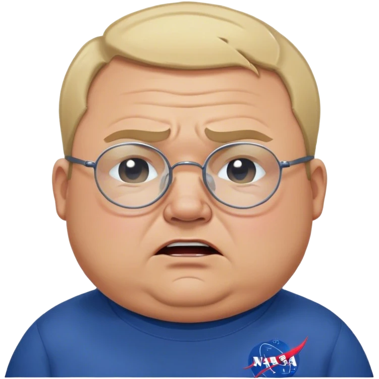 angry chubby man, crying like a kid, with blond short and hight receding hairline, wears a dark blue sweatshirt, nasa logo on the sweatshirt, round glasses without frame, 40 years old emoji