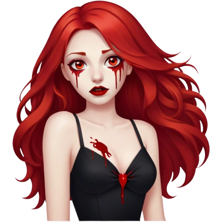 a woman with long red hair and red eyes. The woman wear a black dress. She have red lipstick. blood on face and metaphorical chest emoji
