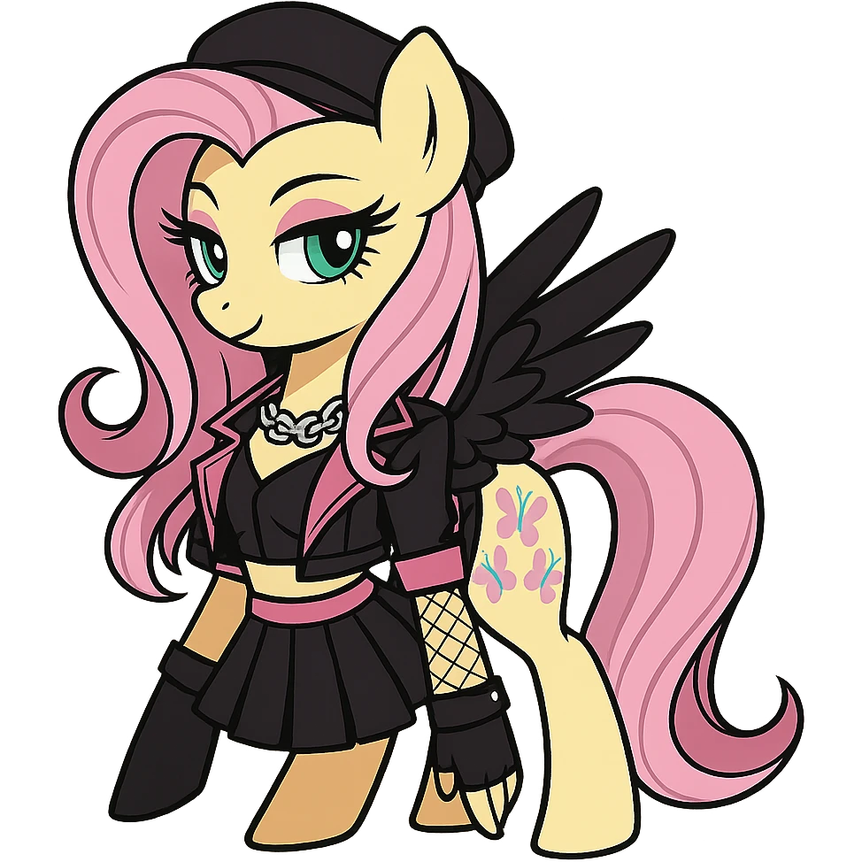Fluttershy in a Blackpink-inspired style, with pink and black accents, transparent background emoji