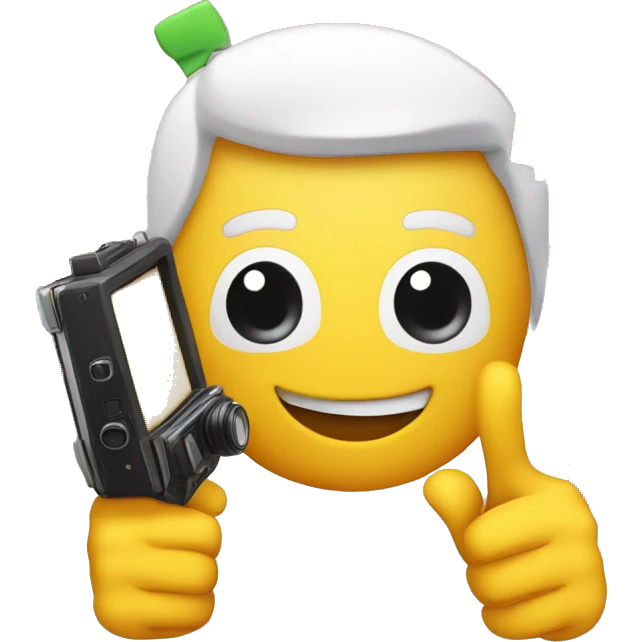 An emoji depicting challenge videos, featuring a camera and two hands giving a thumbs up, with colorful question marks and exclamation points around, symbolizing fun, excitement, and various challenges emoji