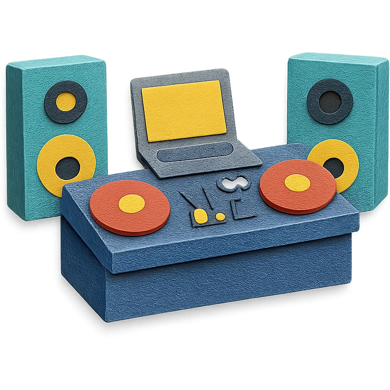 DJ table with laptop, mixer, and two large speakers, vibrant paper textures emoji
