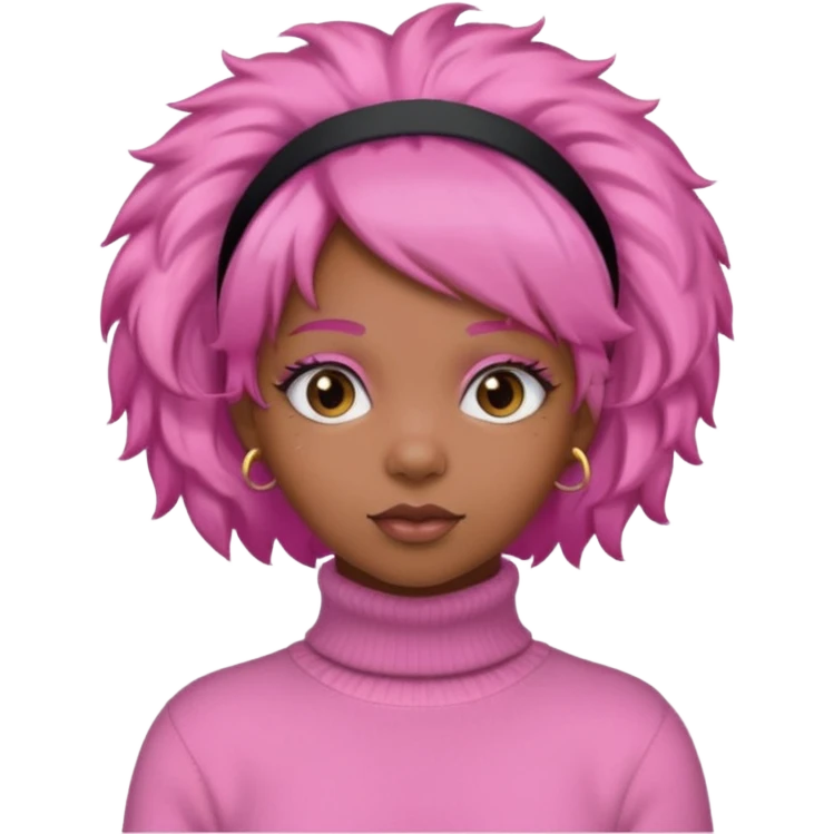 black fluffy haired girl with pink turtleneck sweater and pink hair band emoji