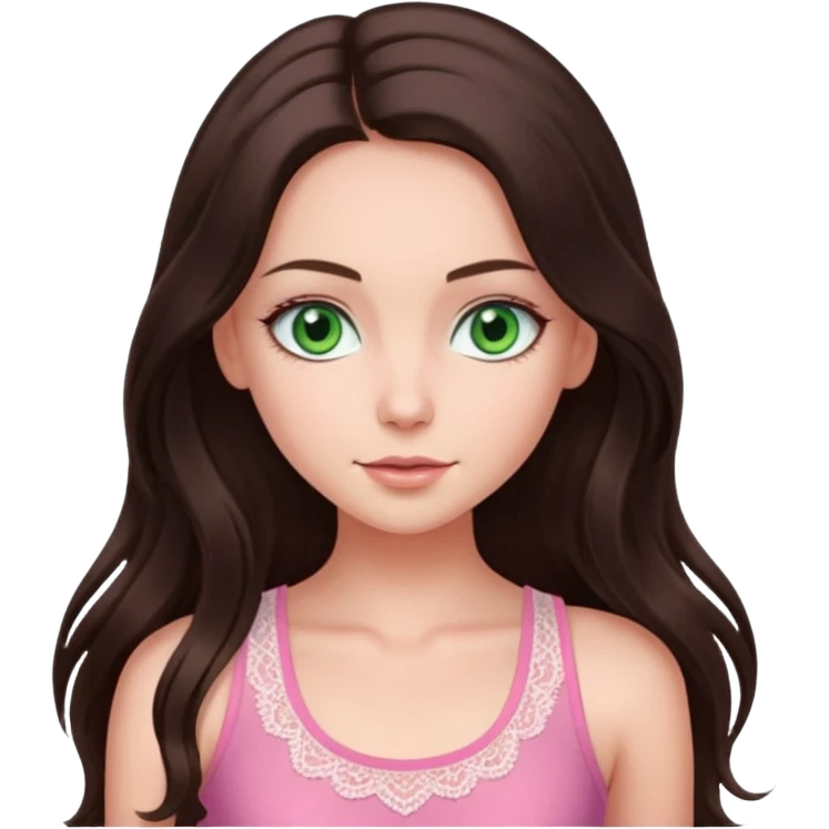 super long haired brunette with middle part cute pink lacy tank white but tan green eyes hairflup emoji