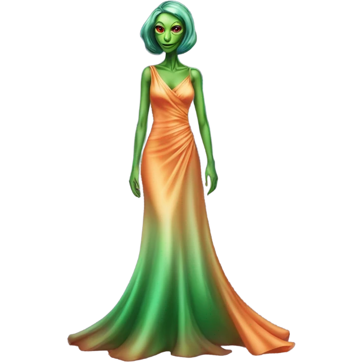 reptilian green alien woman, in long slim pastel orange formal party satin dress with gradient shiny sparkling dark red, full figure, full body emoji