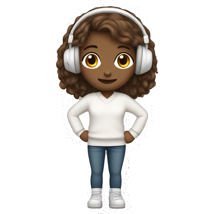 Brown long hair girl in a white sweater with white headphones  emoji