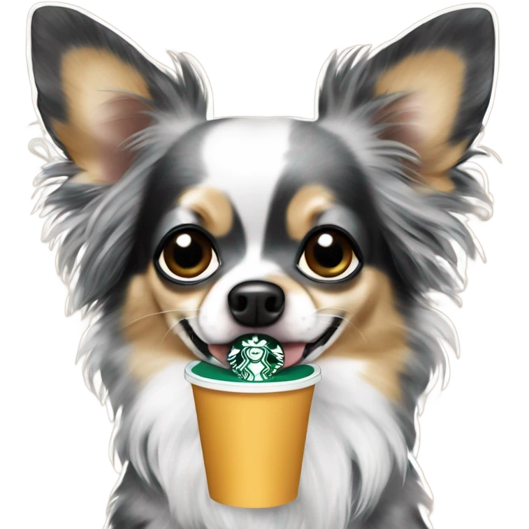 Blue black spotted Merle long hair chihuahua drinking Starbucks  emoji