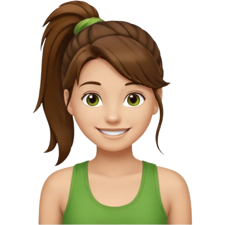 Девушка с одним хвостом, коричневые волосы и пряди у лица, в зеленой майке радуется, светлая кожа  emoji
