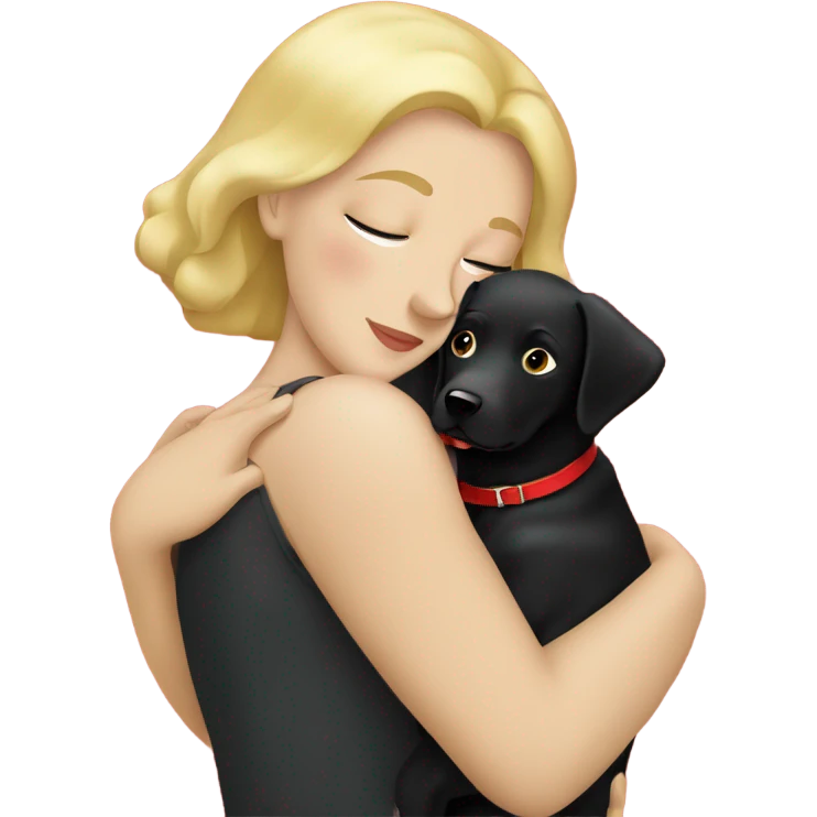 Blonde lady cuddling a black Labrador with a red collar  emoji