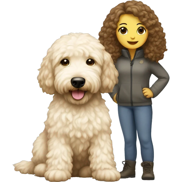 cream mini golden doodle with brunette girl  emoji