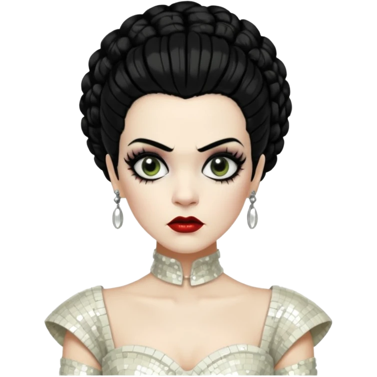 Bride of Frankenstein with black hair, ivory sequin outfit emoji
