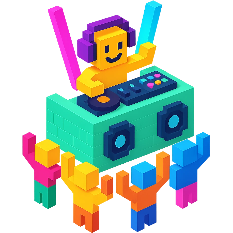 DJ booth with a cheering crowd and neon lights emoji