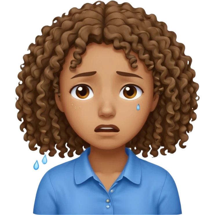 white young curly hair girl, brown hair, with a blue shirt, in despair crying emoji