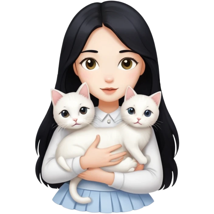 A beautiful girl with long black hair wearing a white skirt holds a cute white cat in her arms emoji