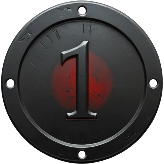 Minimal emoji, gothic metal coin made of black steel, engraved number 1 at the center, ancient industrial aesthetic, worn metal texture, no glow, no neon, flat emoji design, centered, transparent background emoji