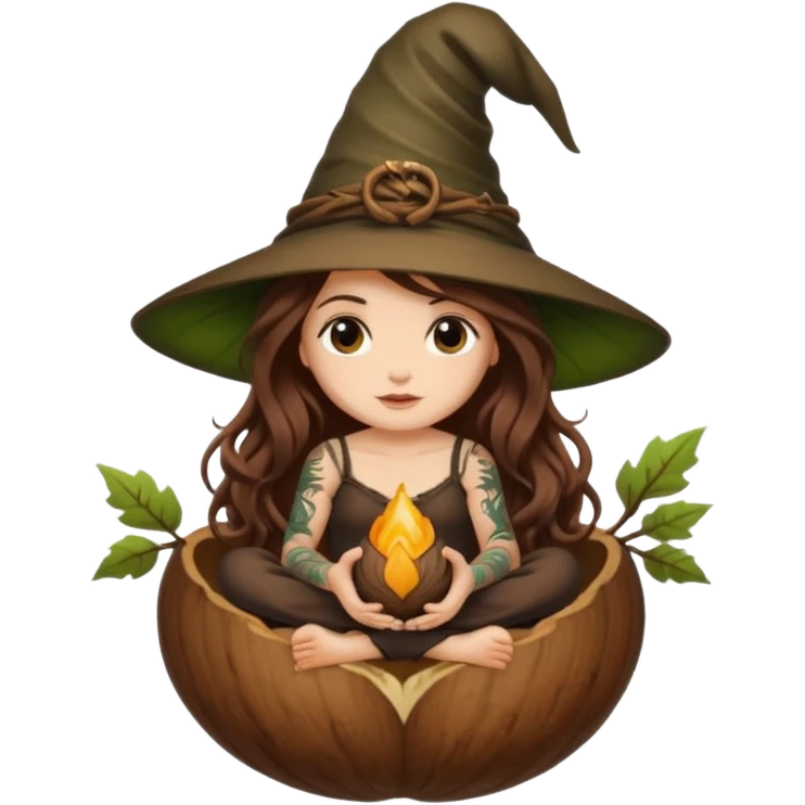 cute forest witch woman long wavy brown hair tattoos sitting inside acorn emoji